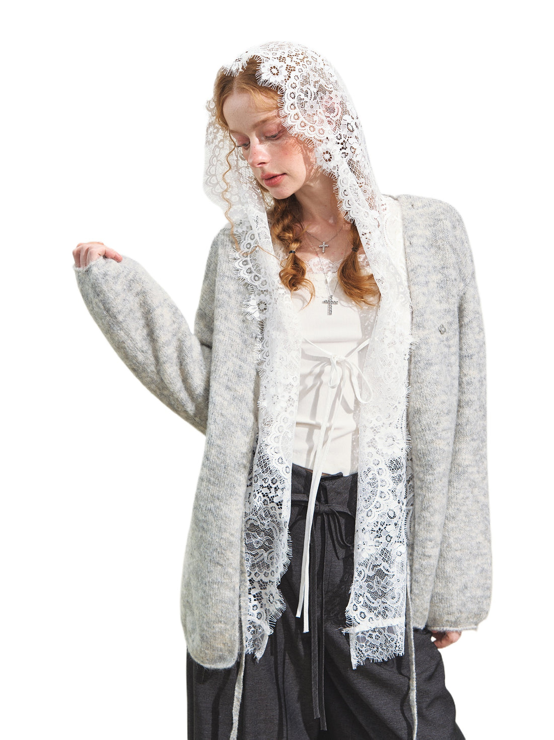 Hooded Lace Panel Overlay Blouse