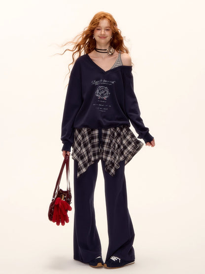 Asymmetric Shoulder Striped Fleece Tracksuit Set