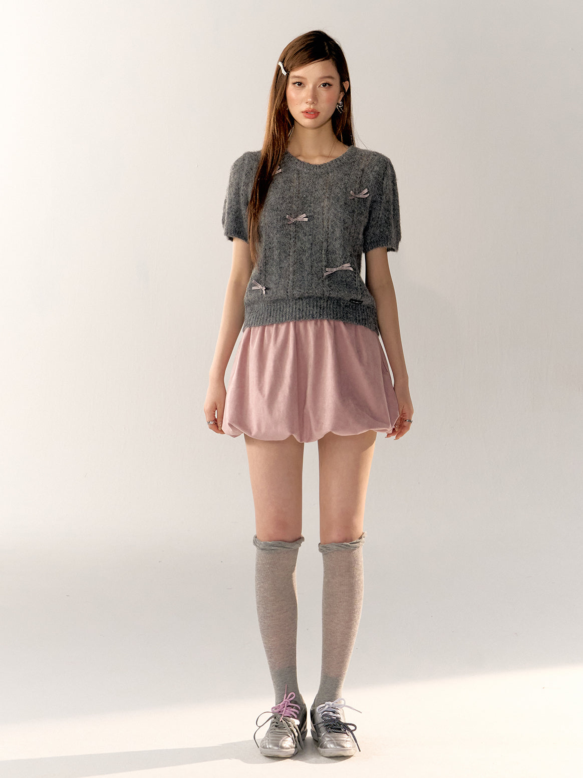 Bow Puff Sleeve Knit T-Shirt