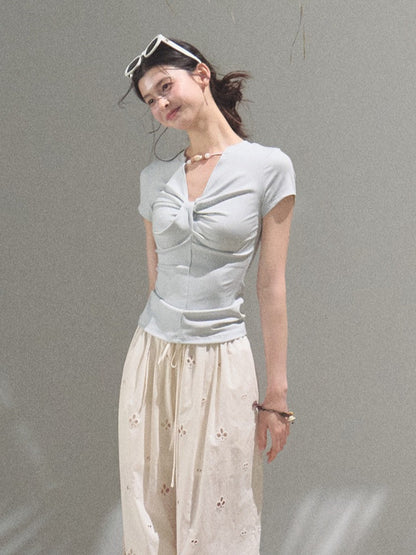 Gentle Melt Lyocell Beaded V-Neck T-Shirt