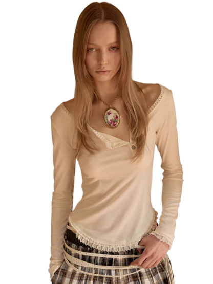 Asymmetric Henley Lace Trim Long Sleeve Top