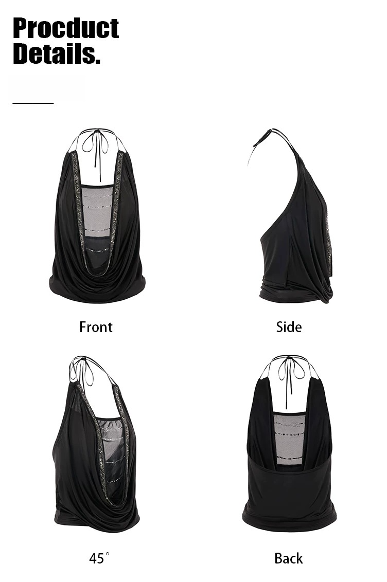 Black Draped Neck Mesh-Knit Halter Top