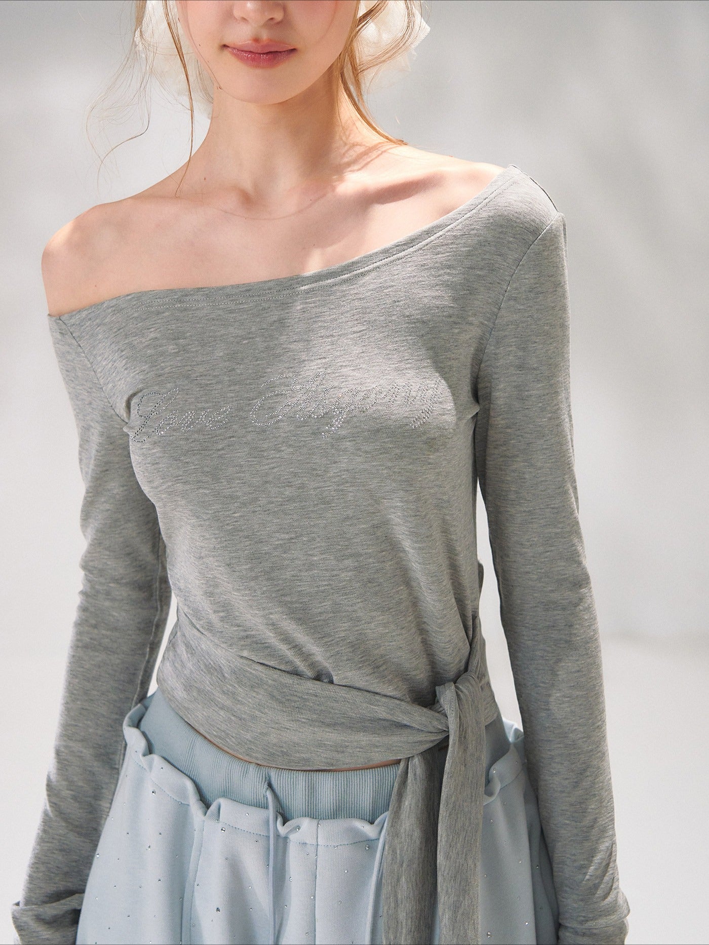 Asymmetric Crystal Logo Tie-Shoulder Fitted Tee