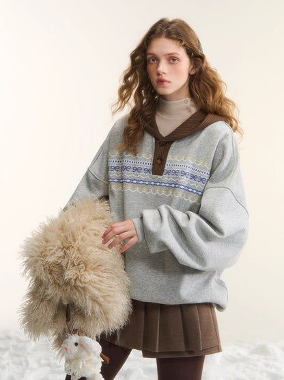 Contrast Patchwork Hooded Fleece Sweatshirt