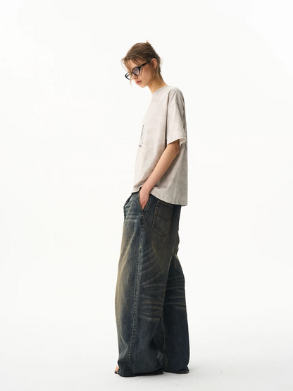 Vintage Pleated Wide-Leg Denim Jeans