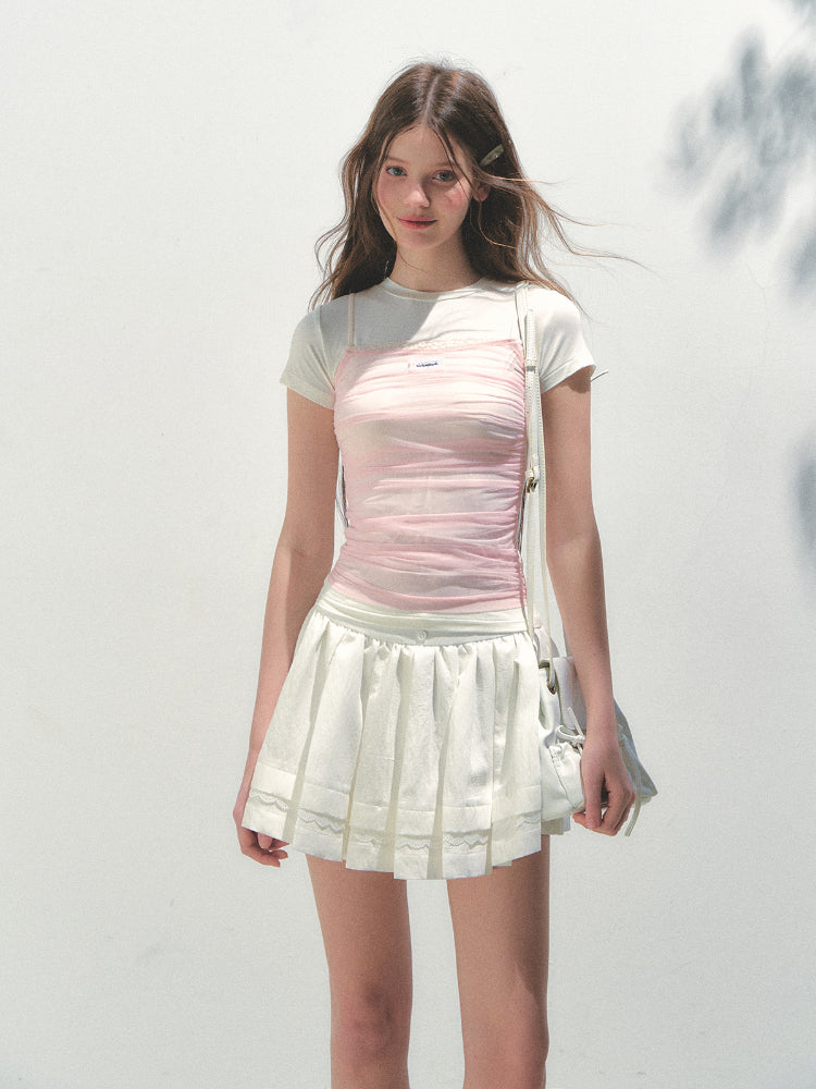 Contrast Color Fake Two-piece Mesh Lace Short-sleeve T-shirt - CHINASQUAD