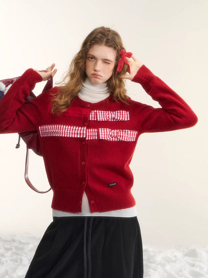 Vintage Checkered Patchwork Bow Knit Cardigan