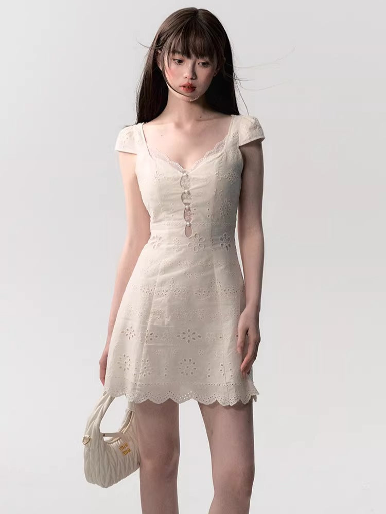 Cream White Lace-Panel Slim Fit Textured Dress