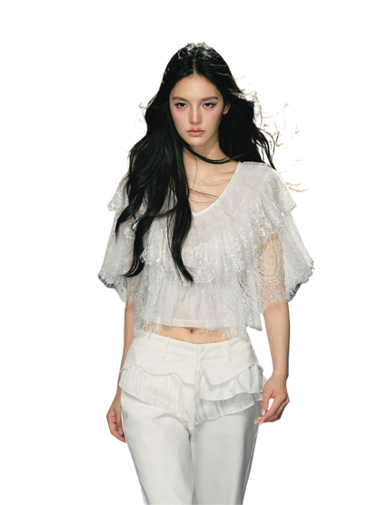 Layered Lace V-Neck Cape Top
