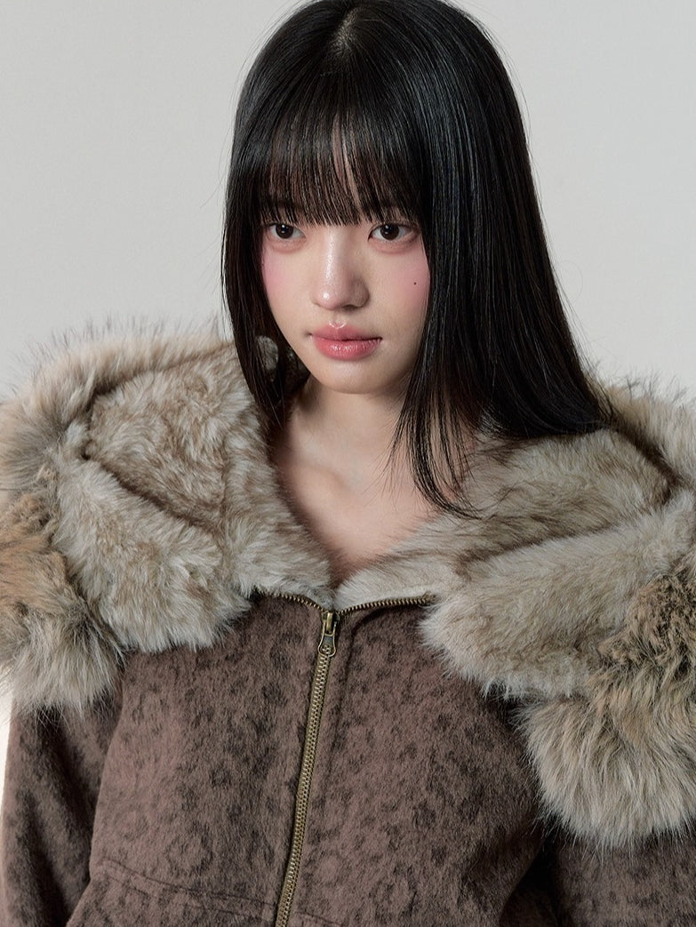 Vintage Leopard Print Faux Fur Hooded Jacket