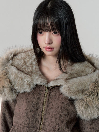 Vintage Leopard Print Faux Fur Hooded Jacket