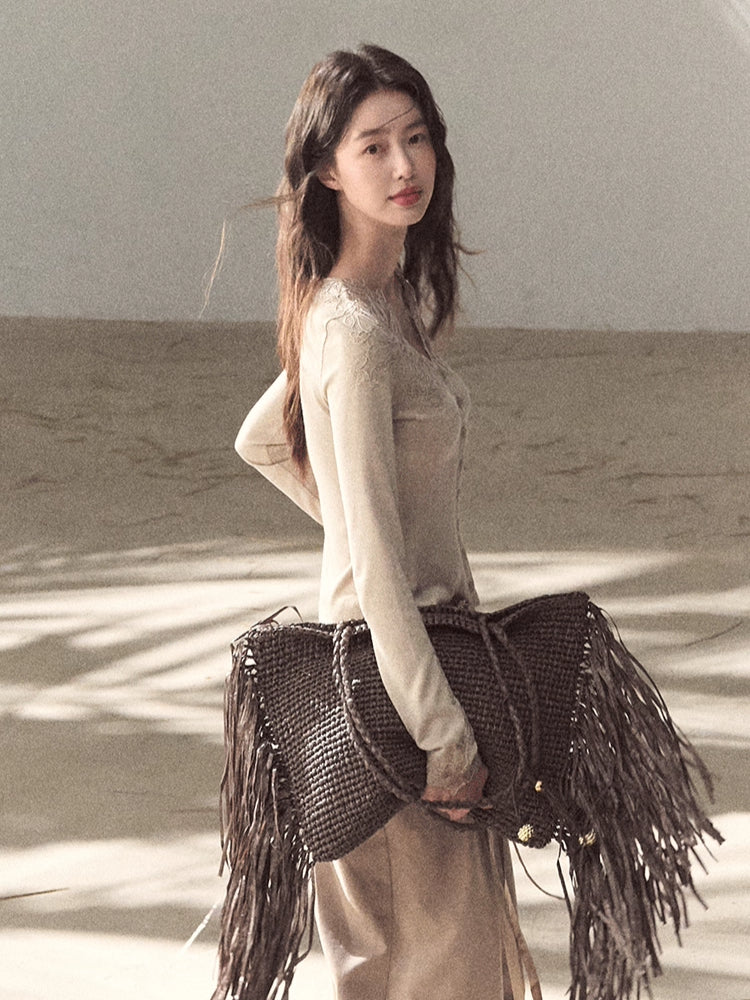 Sculpted Lace-Trim V-Neck Fitted Knit Cardigan