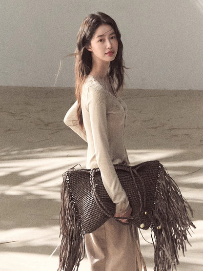 Sculpted Lace-Trim V-Neck Fitted Knit Cardigan