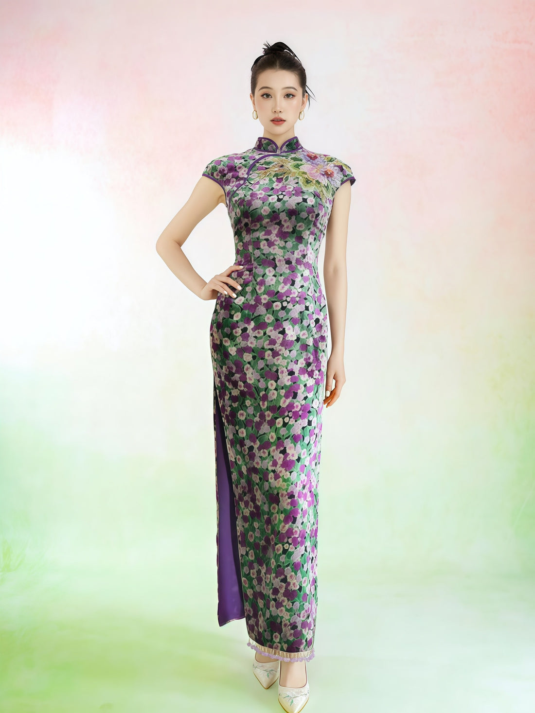 Purple Floral Cheongsam Maxi Dress