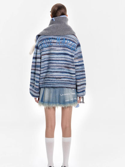 Jacquard Pom-Pom Knit Shawl Scarf