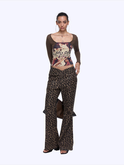 Studded Leopard-Print Micro-Flared Denim Pants