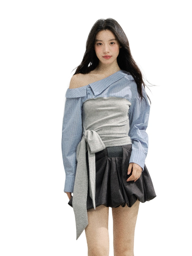 Asymmetric Shoulder Fake Two-Piece Striped Patchwork Blouse