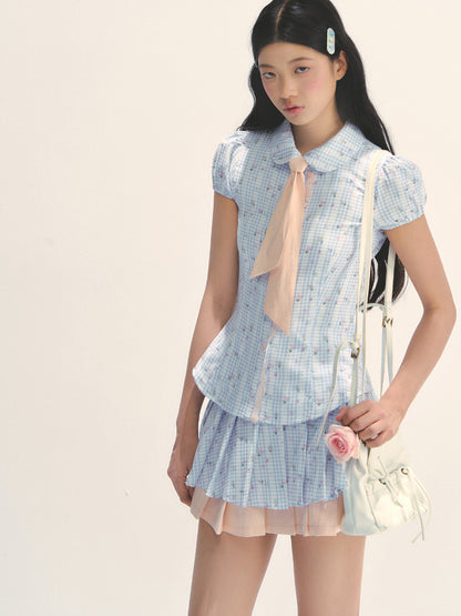 Blue Floral Contrast Check Shirt &amp; Skirt Set - CHINASQUAD