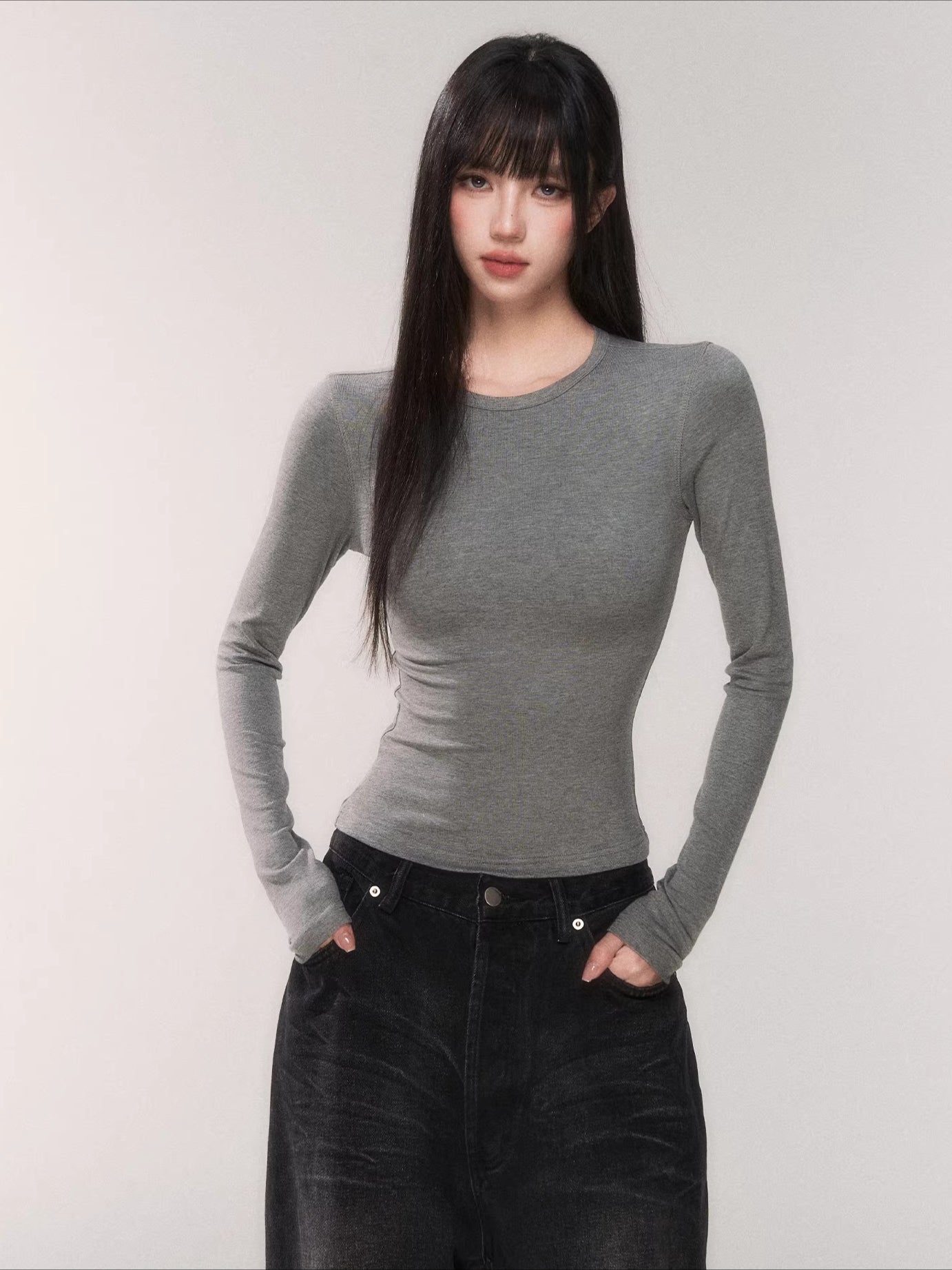 Waist-Cinching Long-Sleeve Crewneck Base Tee