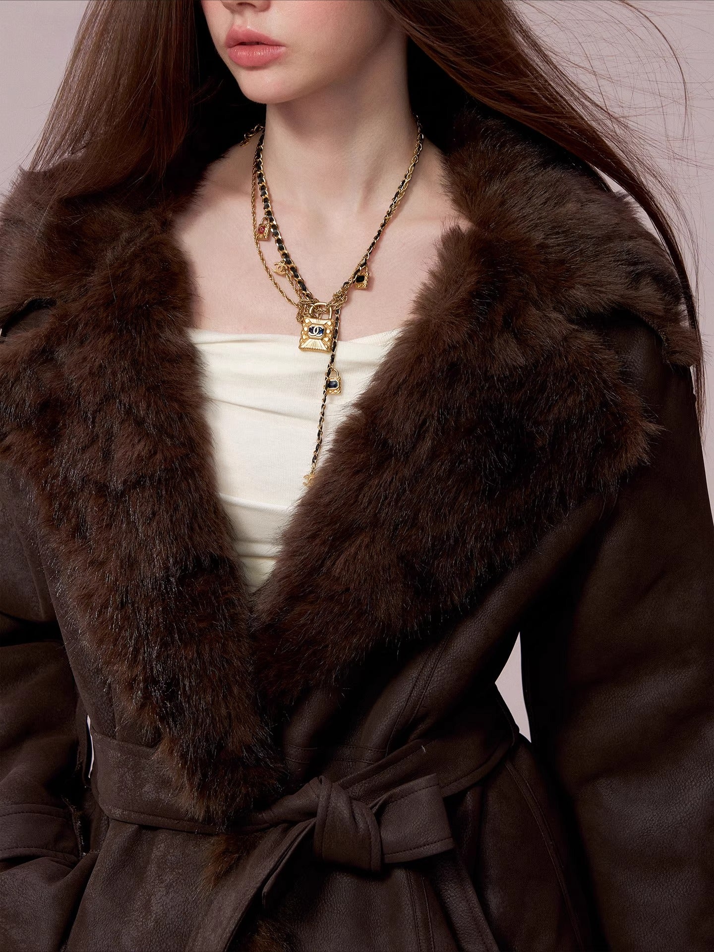 Faux Shearling-Lined PU Belted Coat