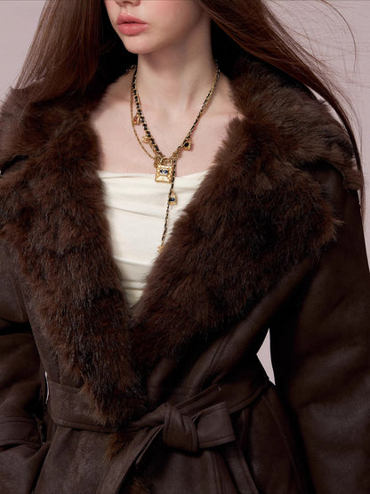Faux Shearling-Lined PU Belted Coat