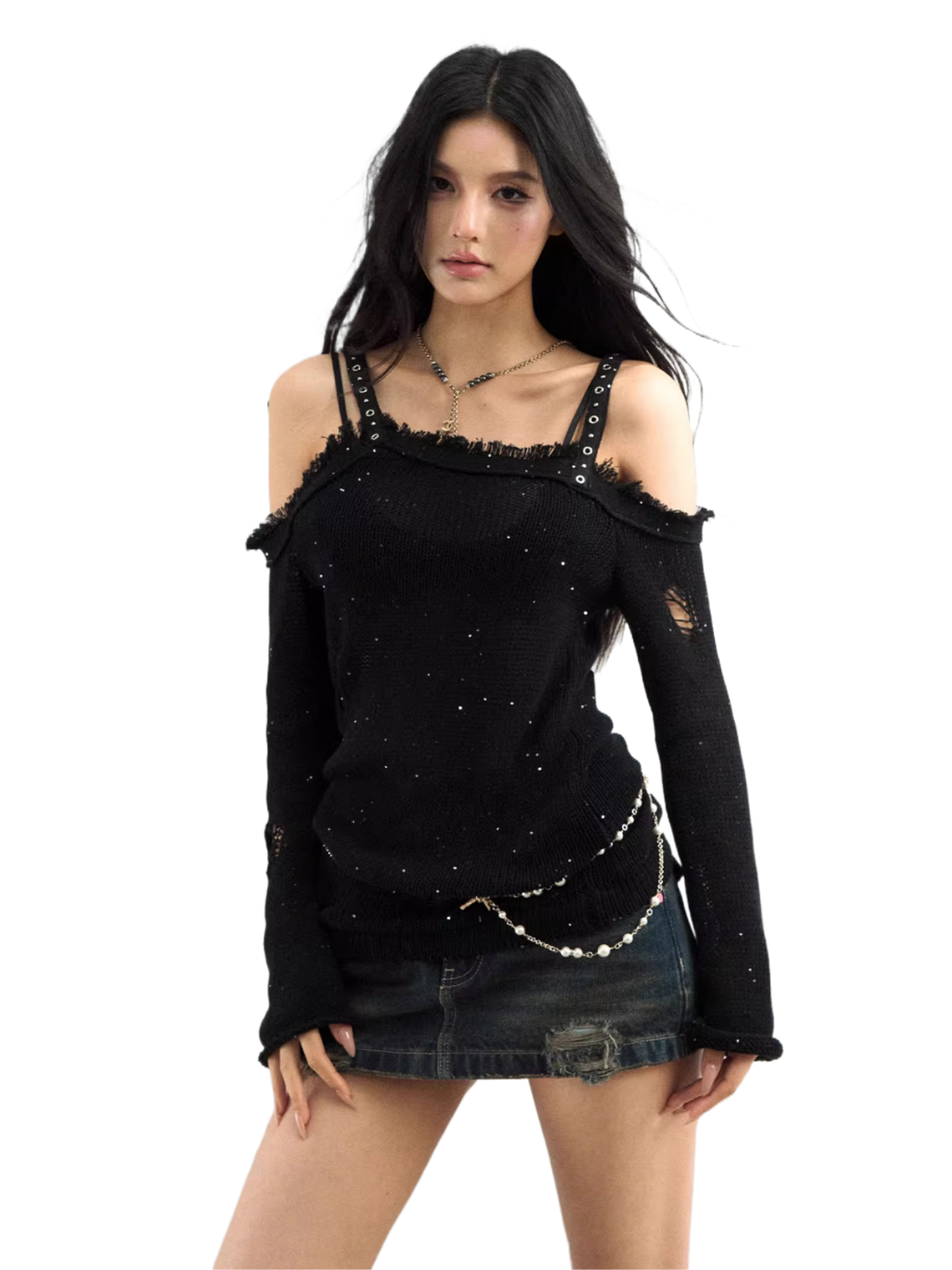 Distressed Off-Shoulder Knit Top