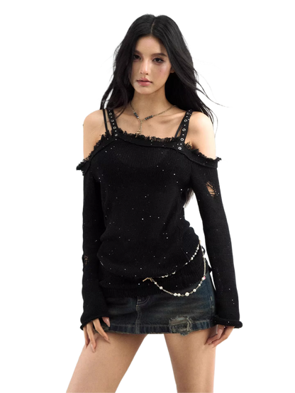 Distressed Off-Shoulder Knit Top