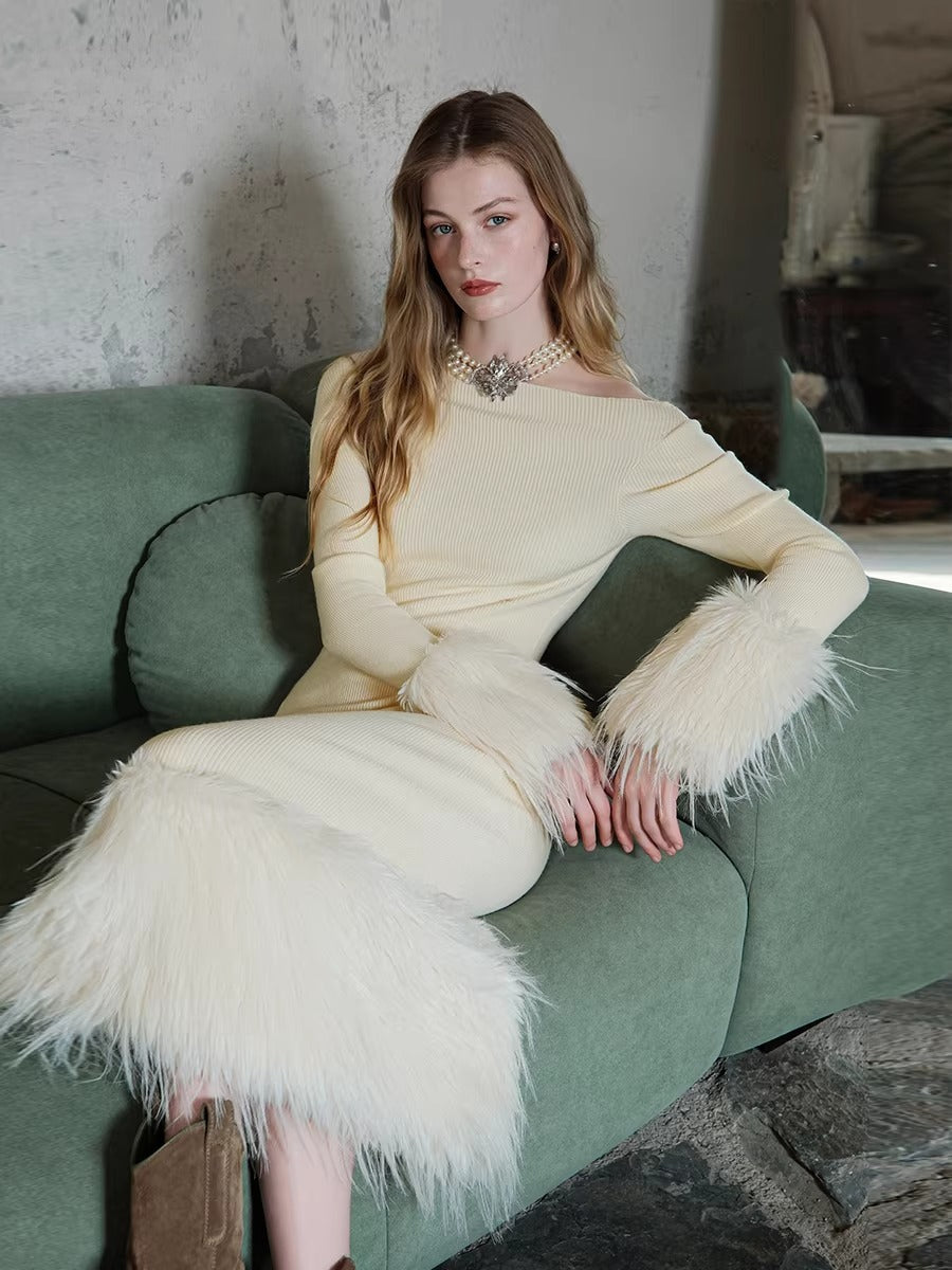Vintage Off-Shoulder Knit Maxi Dress Yellow / S