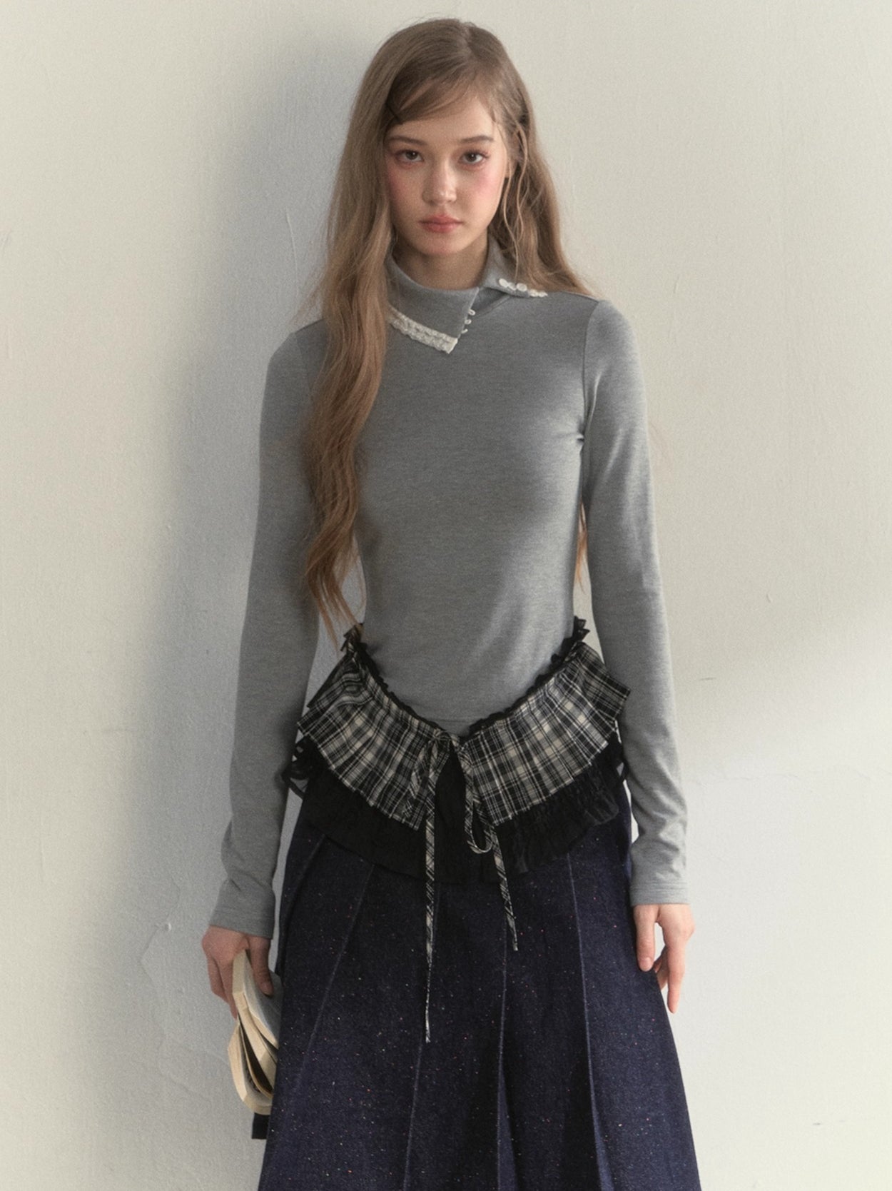 Layered Pleated Mock-Neck Knit T-Shirt