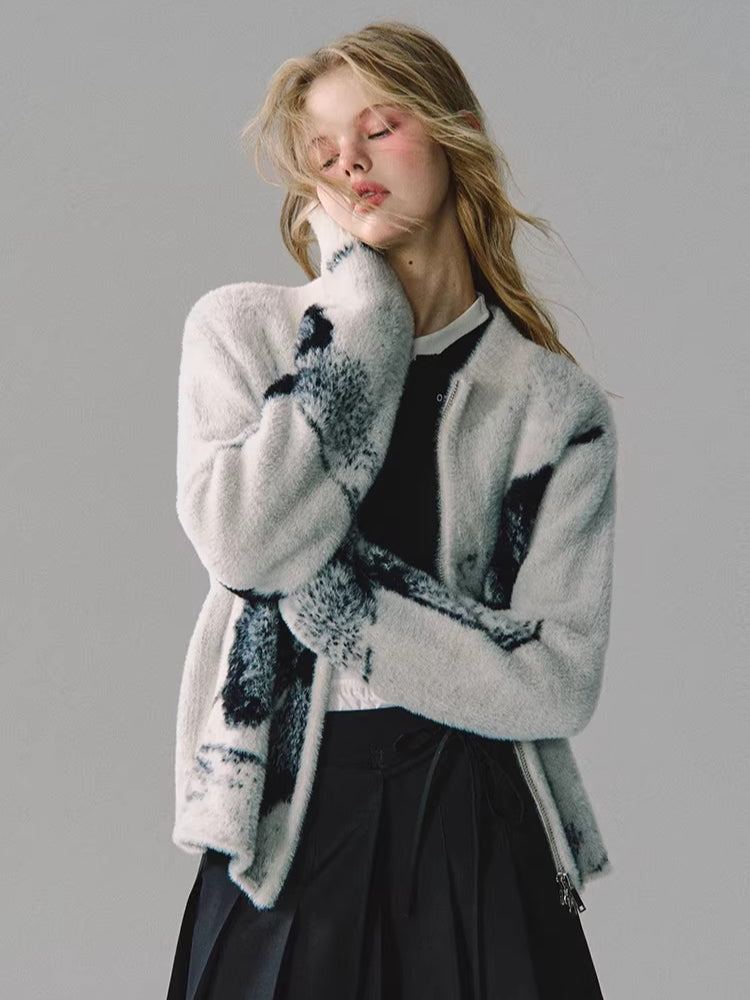 Double-Zip Jacquard Knit Cardigan