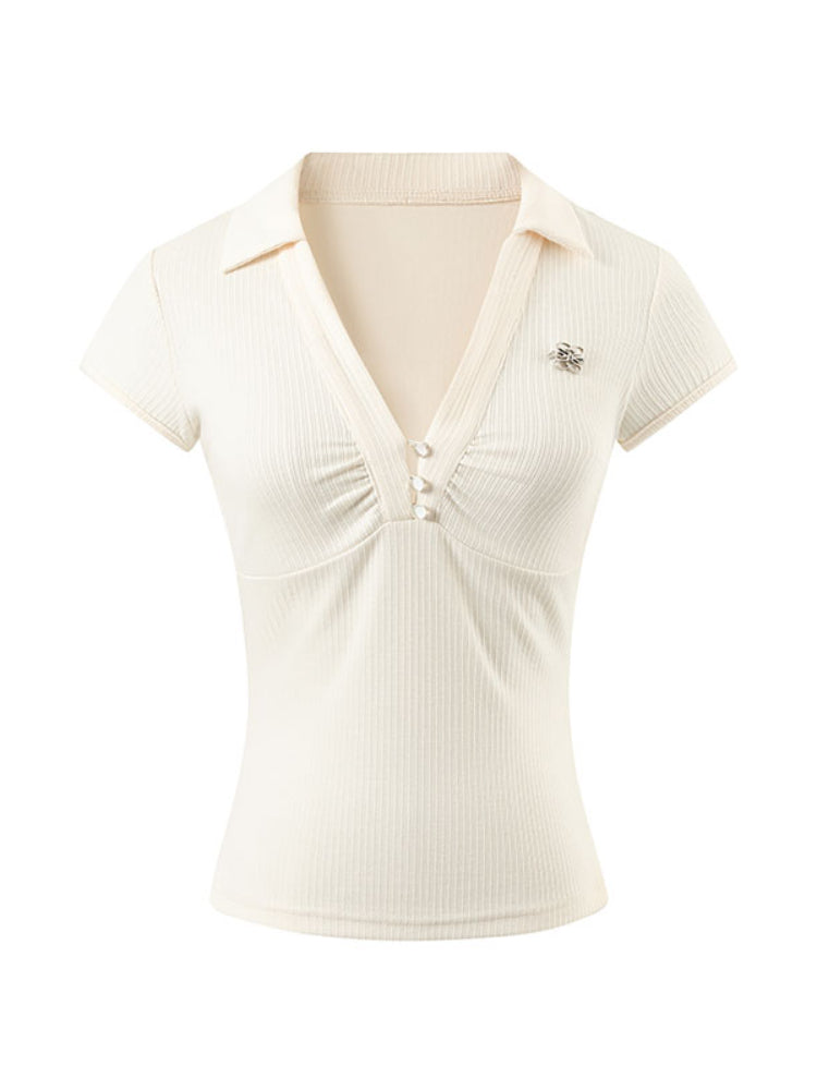 Pleated Checkered Polo V-Neck T-shirt