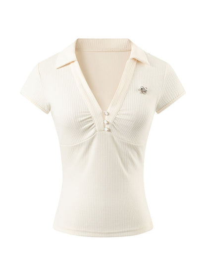Pleated Checkered Polo V-Neck T-shirt