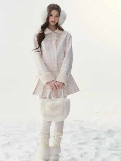 Shearling Patchwork Jacket Pleated Skirt Set