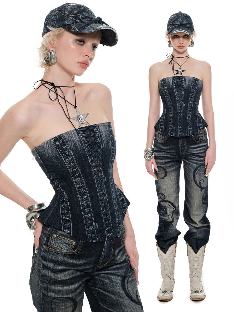 Denim Blue &amp; Black Printed Fishtail Corset