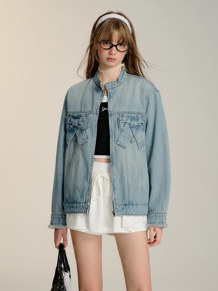 Blue 3D Bow Moto Denim Jacket