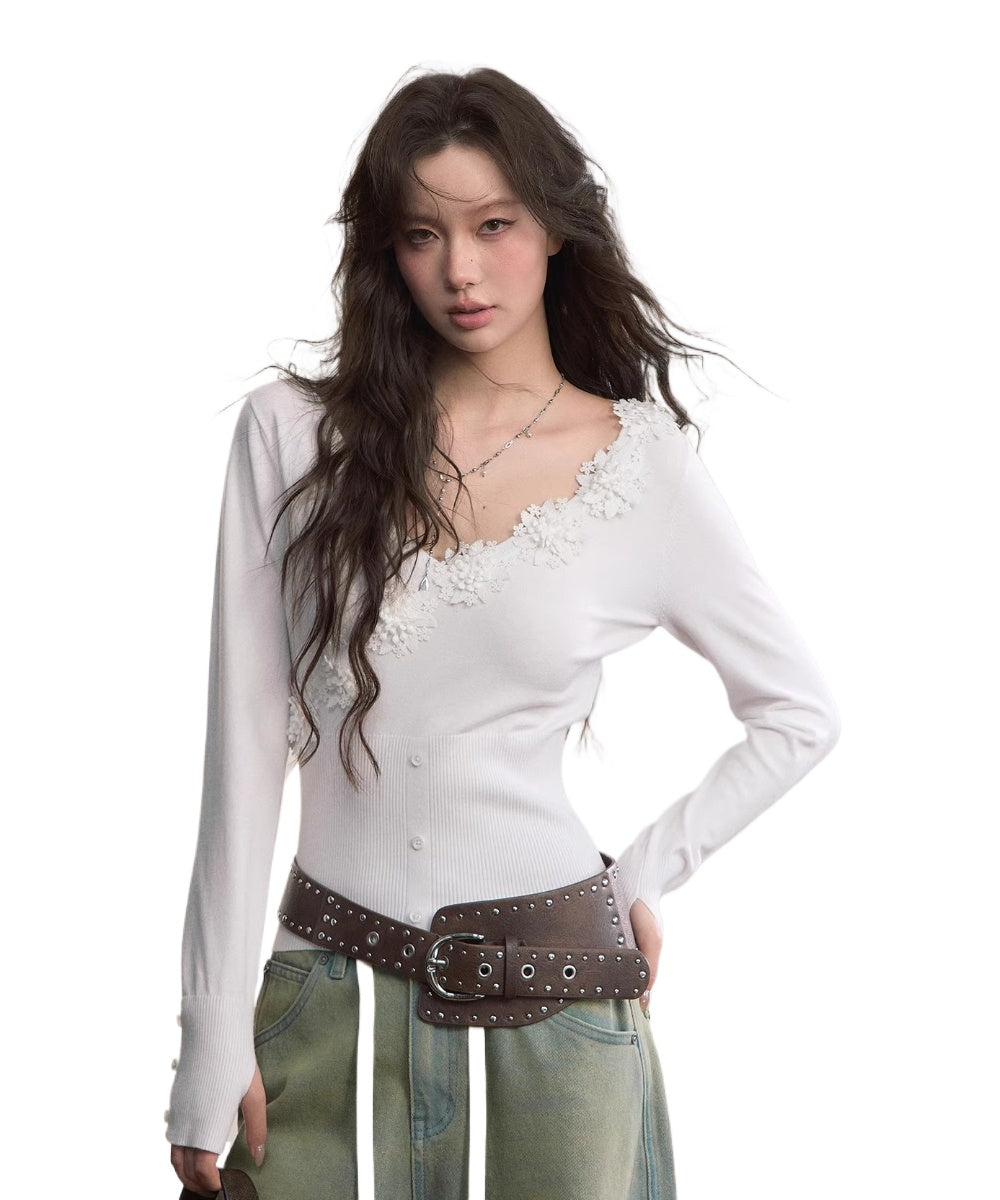 3D Floral Appliqué Ribbed Fitted T-Shirt