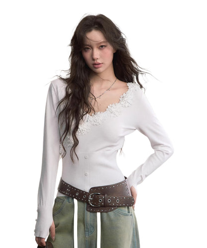 3D Floral Appliqué Ribbed Fitted T-Shirt