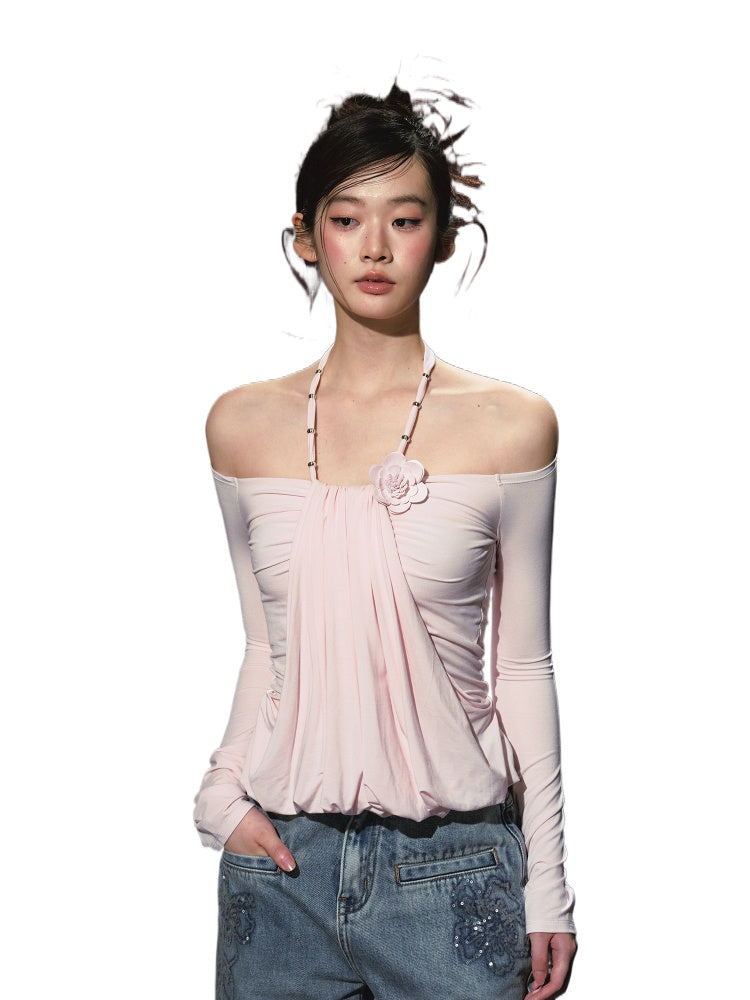 Fake Two-Piece Halter Ruched Floral One-Shoulder Blouse - CHINASQUAD