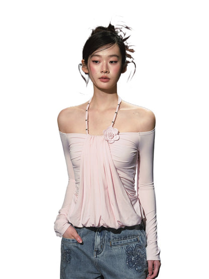 Fake Two-Piece Halter Ruched Floral One-Shoulder Blouse - CHINASQUAD