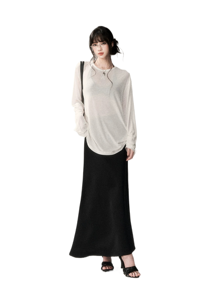 French Satin Acetate A-Line Midi Skirt