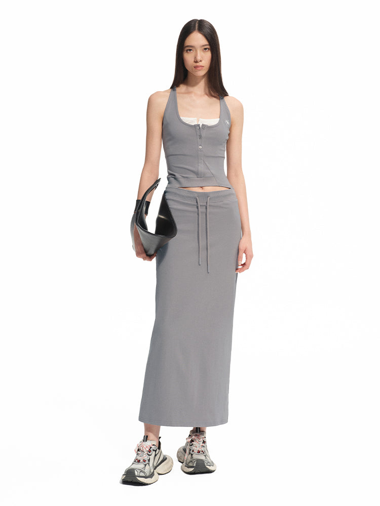 Contrast Color Fake Two-piece Waist Hollow Dress - CHINASQUAD