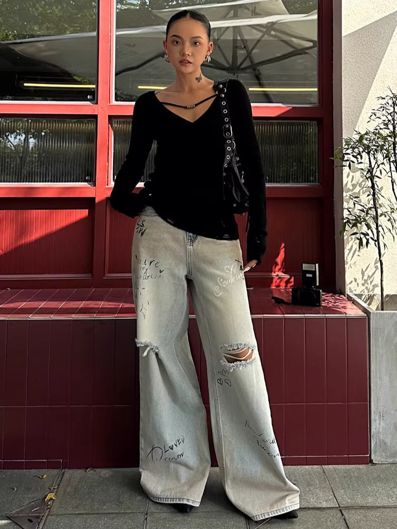Graffiti Spray-Wash Wide-Leg Denim Jeans