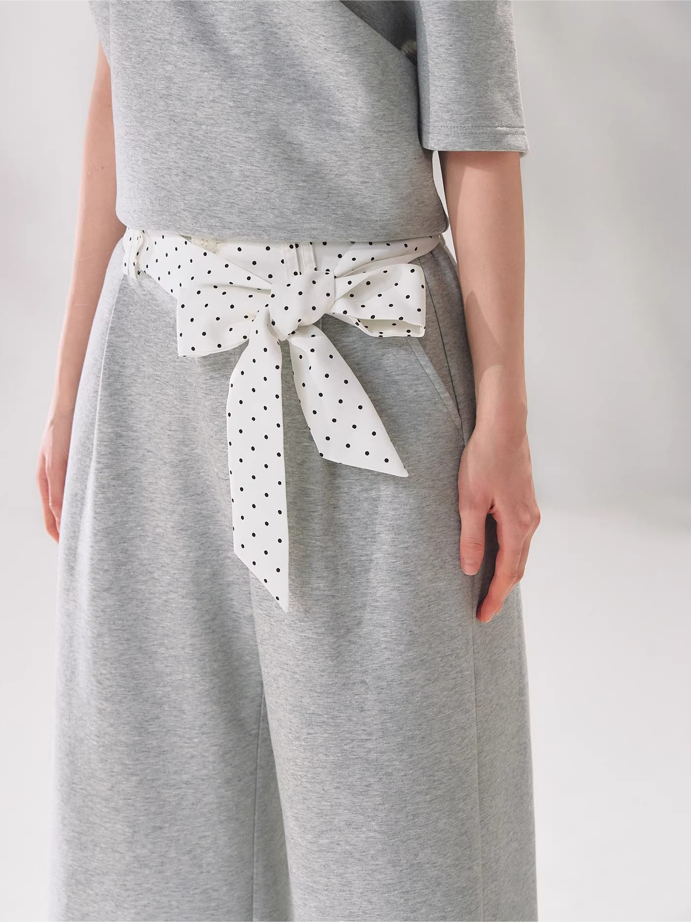 Polka Dot Ruffle Trim Off-Shoulder T-Shirt &amp; Tie-Waist Lounge Pants Set