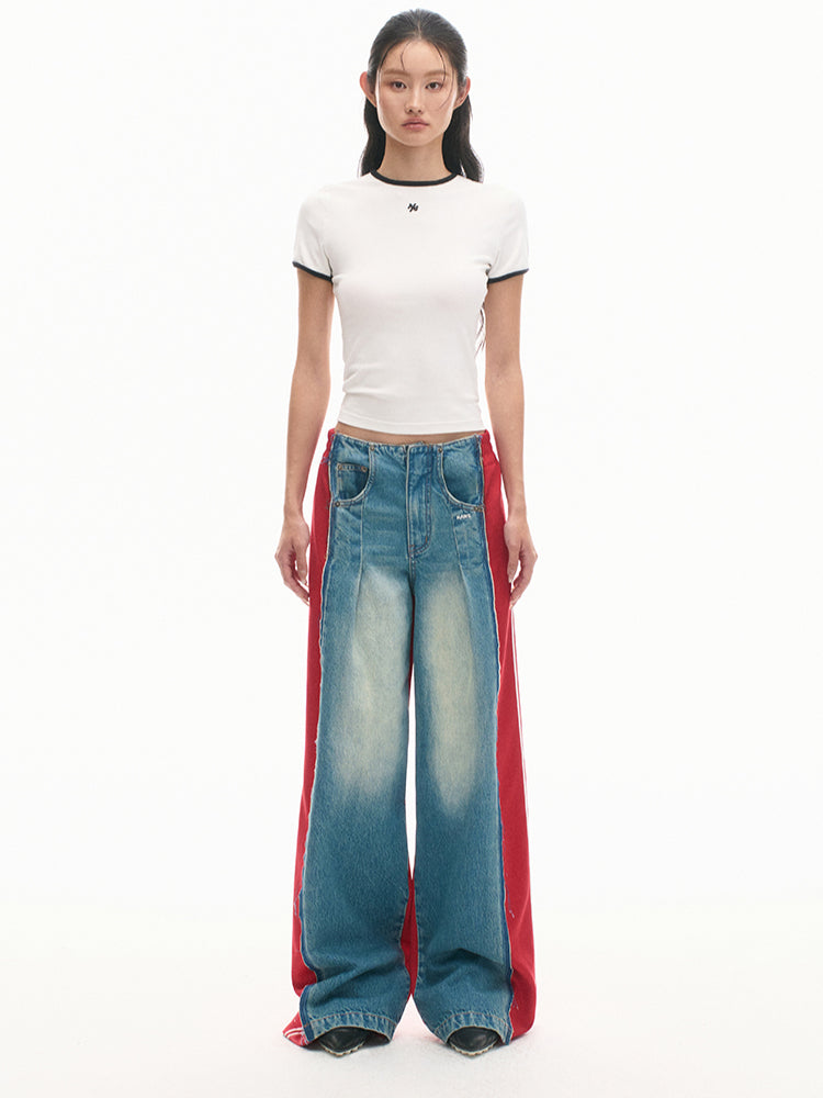 Elastic-Waist Color-Blocked Wide-Leg Pants