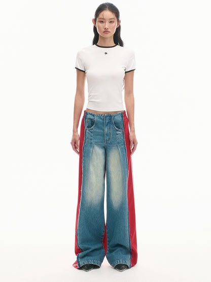 Elastic-Waist Color-Blocked Wide-Leg Pants