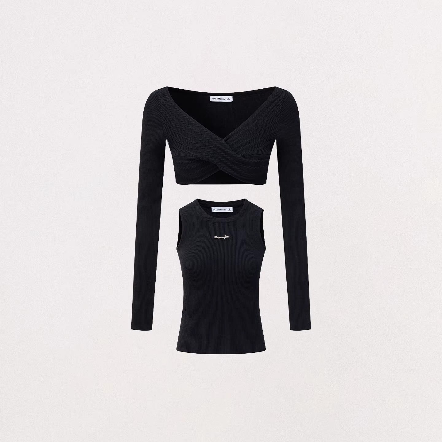 Bow Cable-Knit Vest Long-Sleeve Two-Piece Set