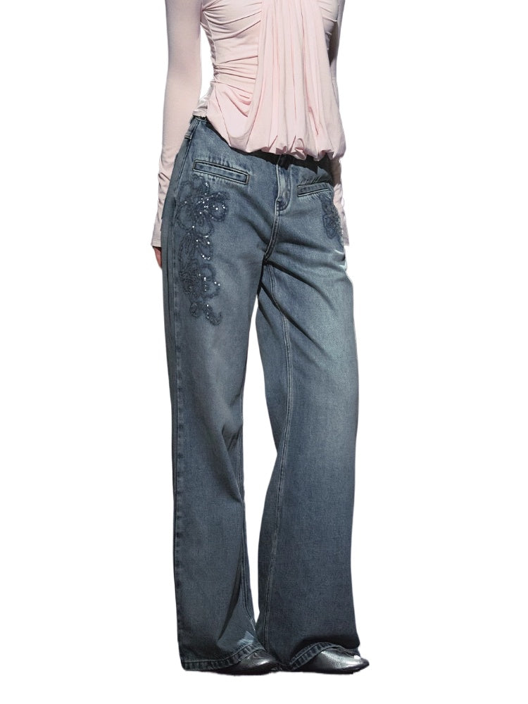 Beaded Embroidery Wide-Leg Straight Jeans - CHINASQUAD