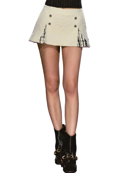 Tailored Double-Breasted Sequin Patchwork Pleated Mini Skirt