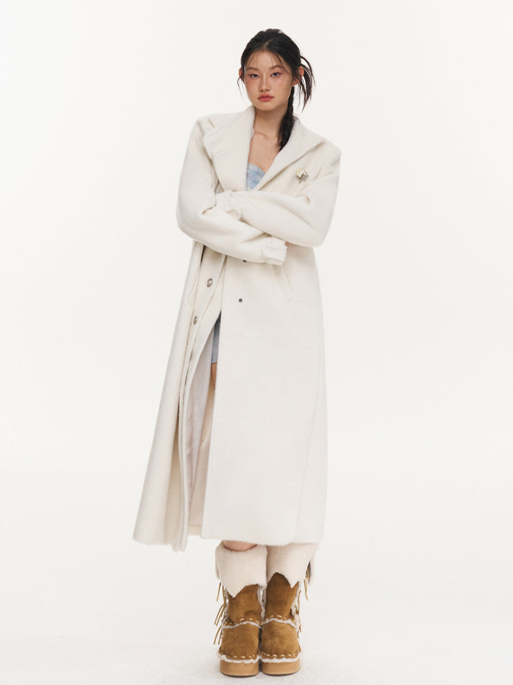 Cream Double-Breasted Leather Strap Wool Coat