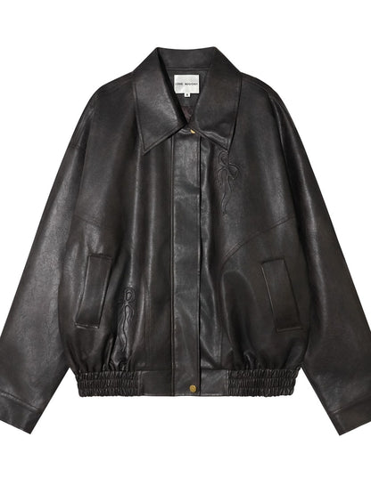 Vintage Bow Embossed Leather Jacket